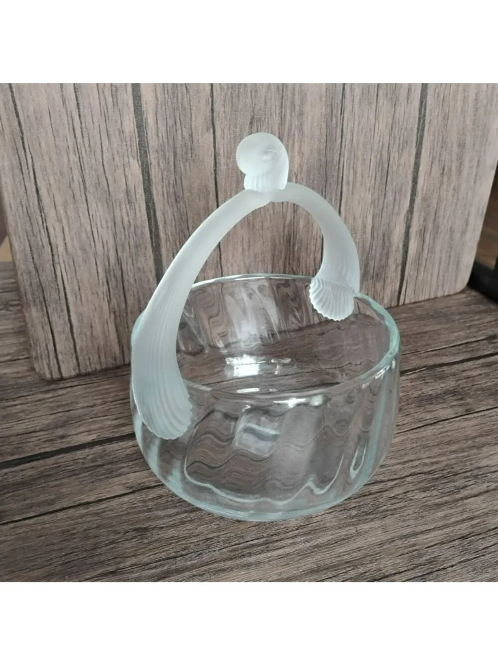Vintage 70s Hand Blown Clear Art Glass Optic Basket, Frosted Satin Handle, MCM